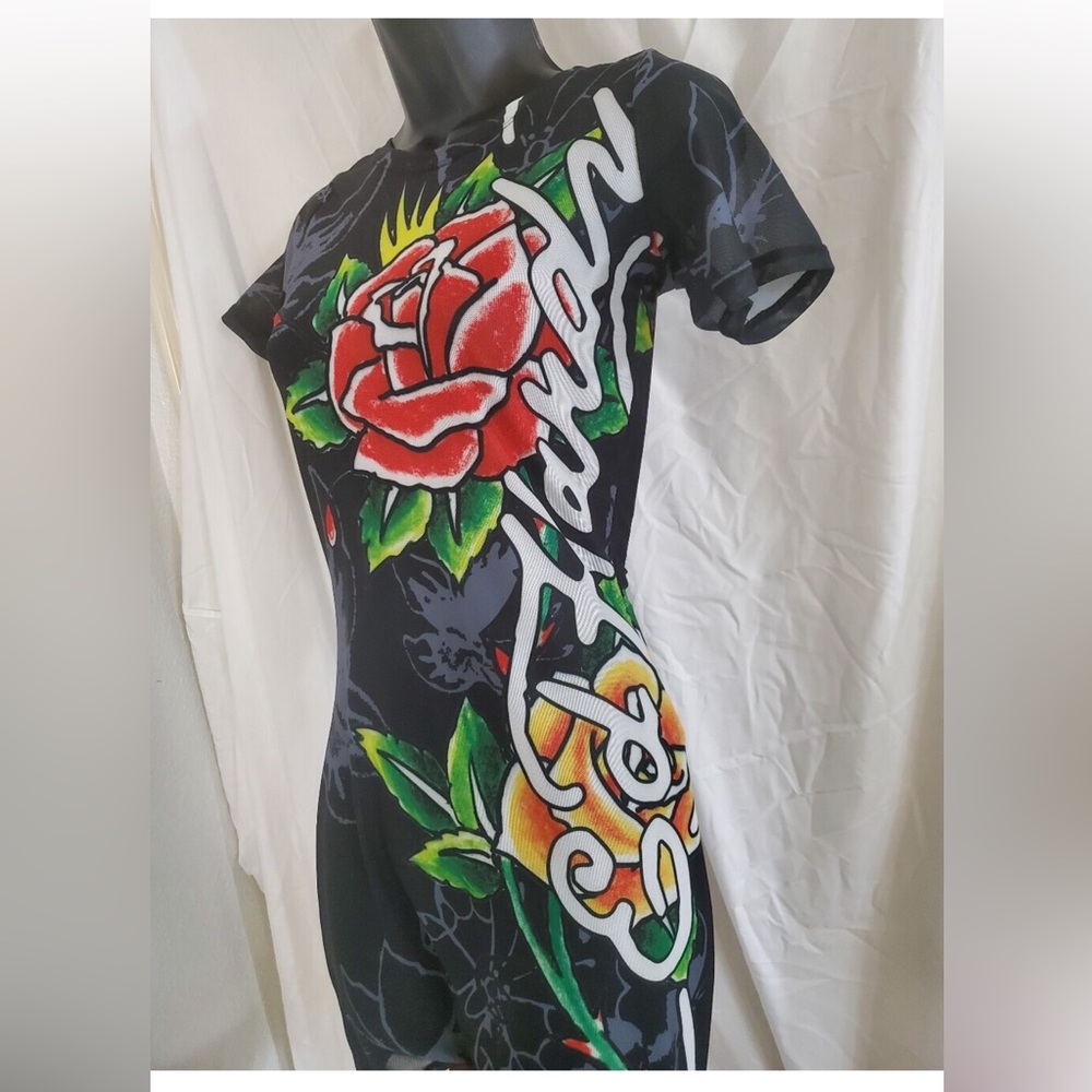 Ed Hardy black sheer red roses & skull graphic printed cover up dress size Large